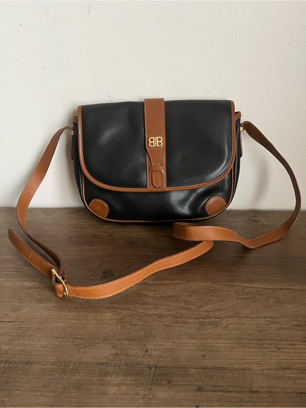 Balenciaga Black and Brown Leather Strap Shoulder Bag with Gold BB Hardware
